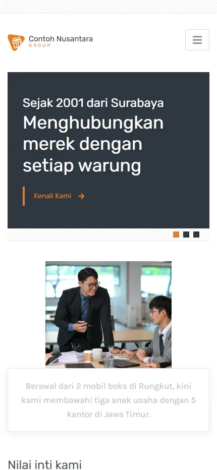 Tampilan PT Contoh Nusantara Group di layar HP