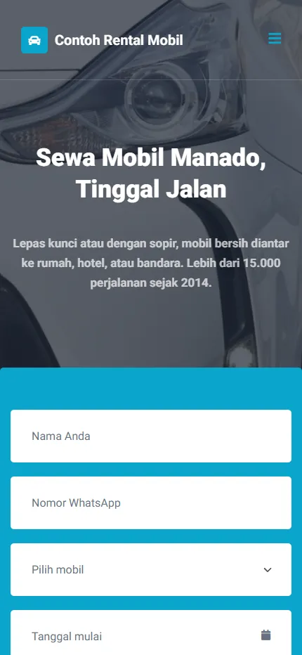 Tampilan Contoh Rental Mobil di layar HP